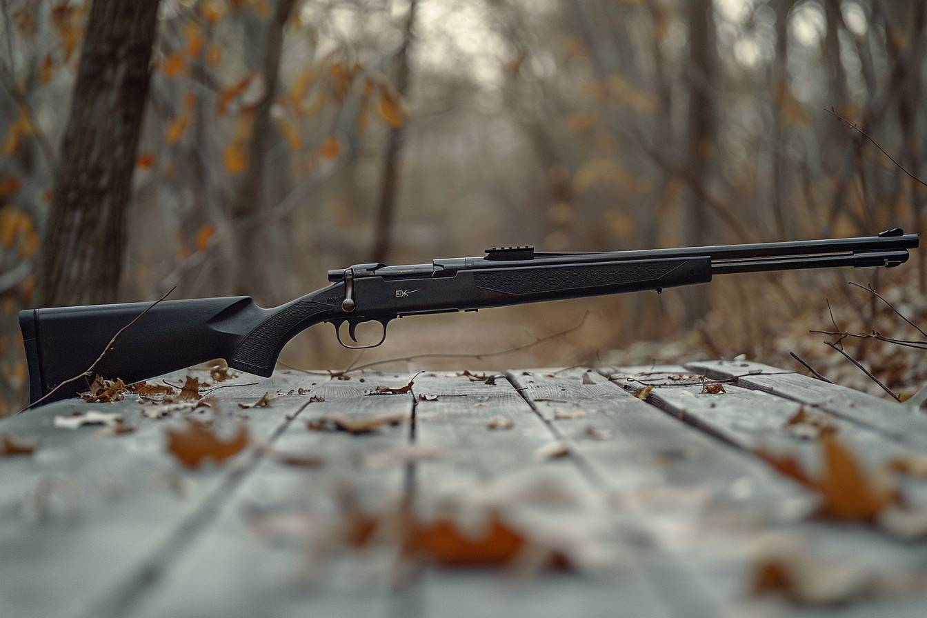 Carabine élégante sur un fond naturel verdoyant  
Chasseur examinant attentivement une carabine moderne