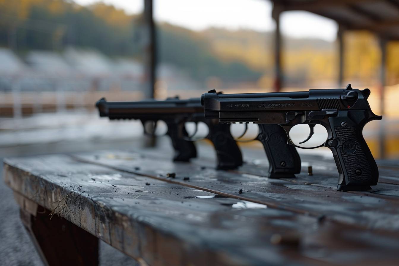 Pistolet semi-automatique en action sur une table  
Démonstration de pistolet semi-automatique en détail