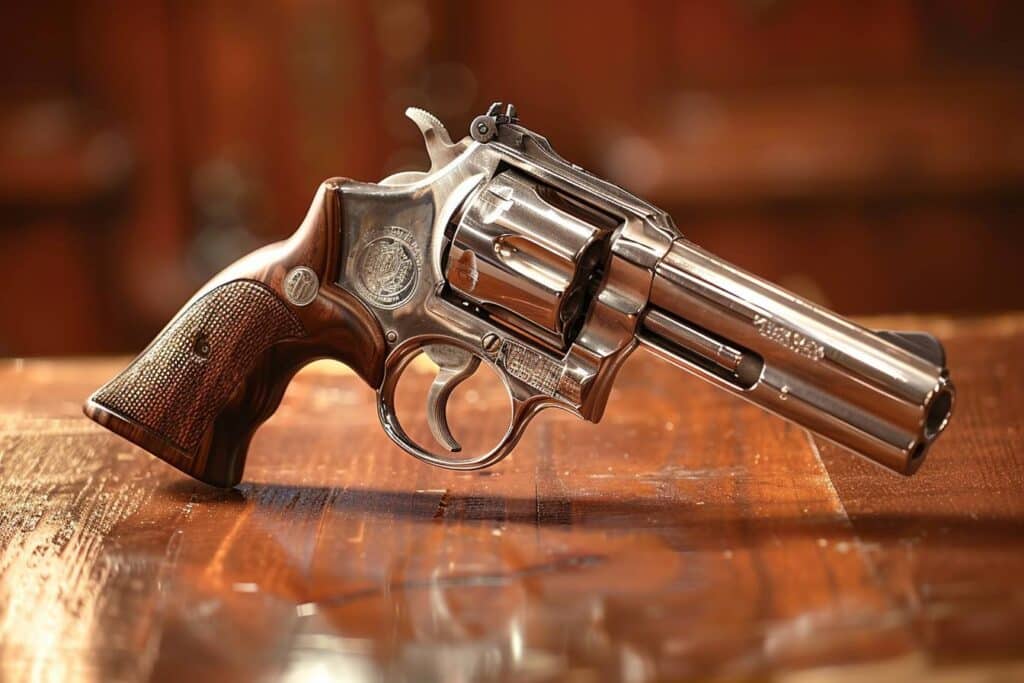 Revolvers historiques exposés sur fond sombre